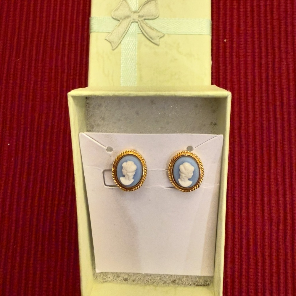 Gold and Blue Cameo Earrings